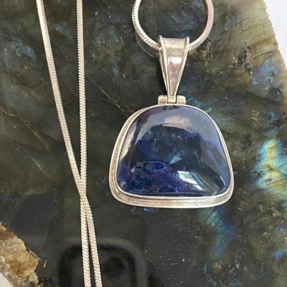 Sterling Silver 925 1.66" Sodalite Hinged Pendant Necklace 18" Snake Chain 24g - Picture 6 of 16